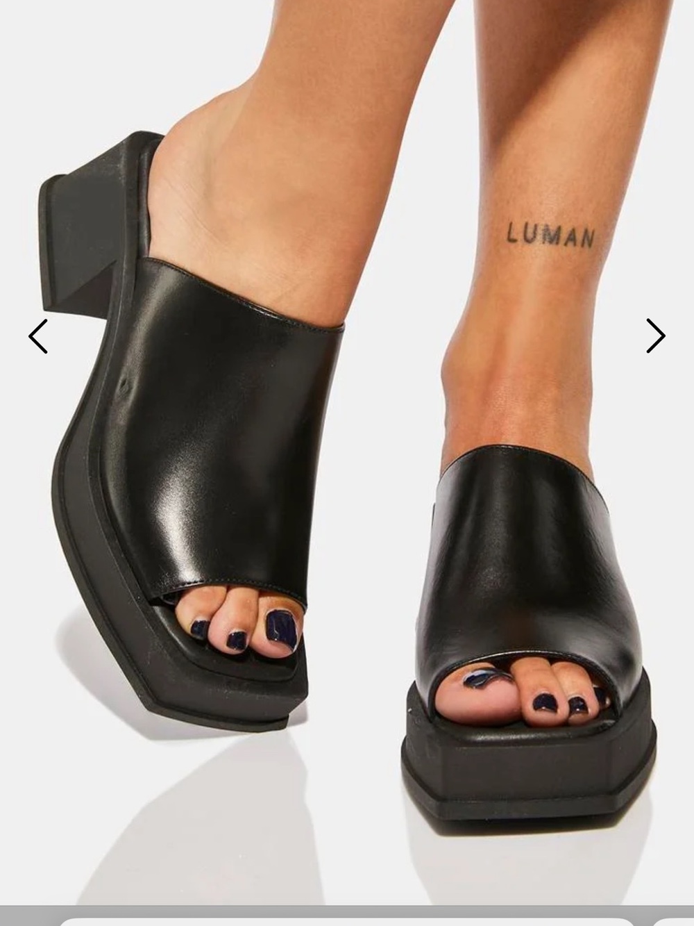 Jennie Platform Black Leather Open-Toe Block Heel Mules